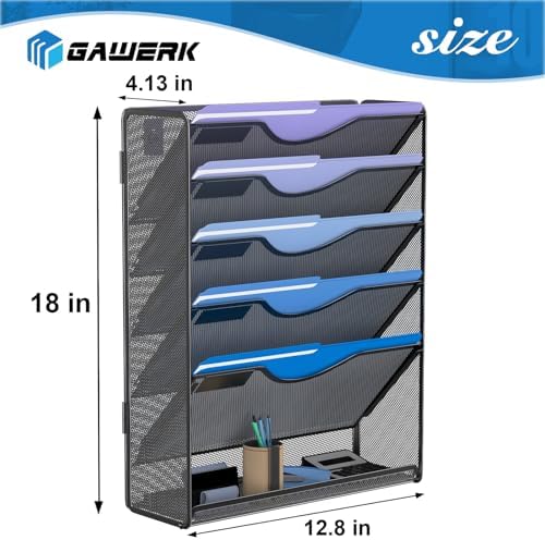 Gawerk 6 Tier Hanging File Organizer, Mesh Wall File Holder Paper Folder Rack with Bottom Flat Tray for Office Home, Black