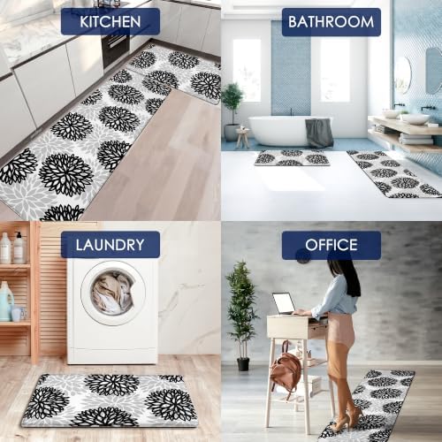 Cushioned Anti-Fatigue Kitchen Mats for Floor – Non-Slip Waterproof Memory Foam Runner, Extra Wide & Long, Comfortable Standing Mat for Kitchen, Sink, Office, Laundry, Black Gray