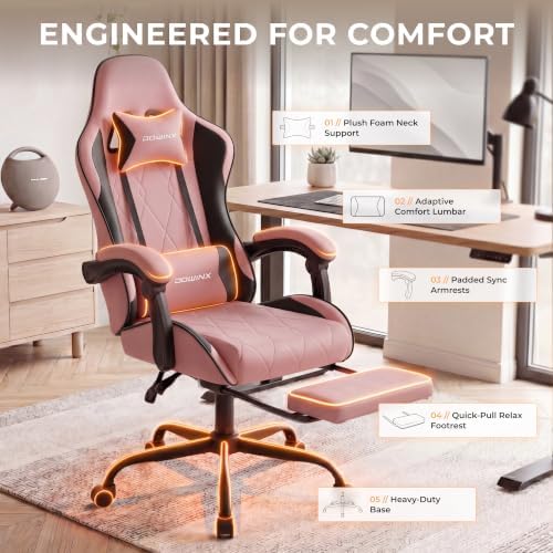 Dowinx Gaming Chair with Footrest, Ergonomic Office Chair, Pink