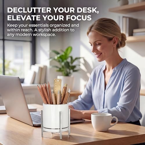 Desk Ceramic Pencil Cup with Metal Legs, Ceramic Pencil Cup, Black and White Pen Holder Cup for Office, Desk Decor for Women Girls, Cute Makeup Brushes Holder