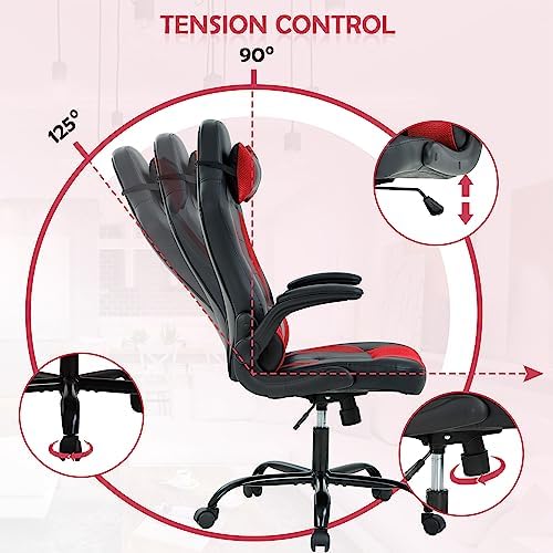 Office High Back Leather Gaming Chair, Comfortable Big and Tall, Height Adjustable Heavy Duty, Racing with Headrest & Lumbar Support (Red)