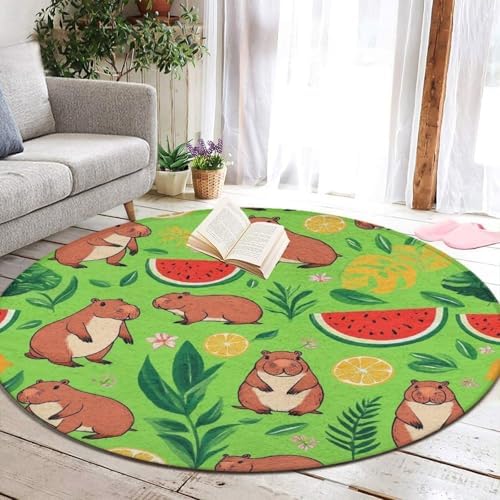 Men's Large Home Decor Mat, Soft Round Yoga Carpet, Non Slip Machine Washable Home Office Circle Rug Cute Capybaras Fruits Floral