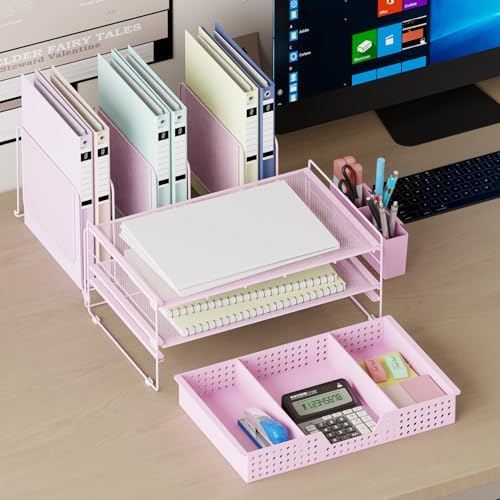 LEKETREE Pink Desk Organizer, Office Organization with Vertical File Holder, File Organizer with Drawer and Pen Holder, Desk Accessories and Workspace Organizers for Home Office (Pink)