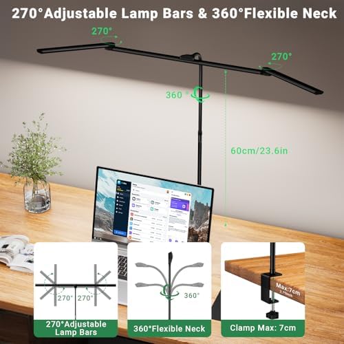 LED Desk Lamp for Home Office,3 Lamp Bars, 5 Color Temperatures & 10 Dimming Brightness, Flexible Neck, 15W USB Adapter Desk Light with Clamp for Reading, Study, Craft (Black)