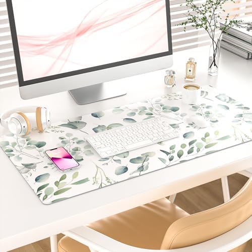 Leather Large Mouse Pad, Office Desk Mat, 31.5"x15.7", Eucalyptus Leaves