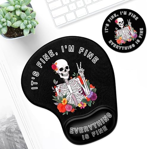 ITNRSIIET Ergonomic Mouse Pad Coaster Set with Gel Wrist Support Wrist Rest Smooth Surface Non-Slip PU Base Comfortable Office Supplies Pain Relief, 9.5 x 8.3 inches, Flower Skull