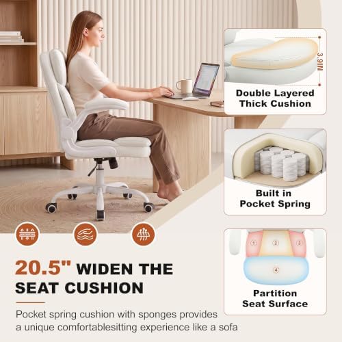 Leather Office Chair, White Computer Desk Chair with Dual Back Support