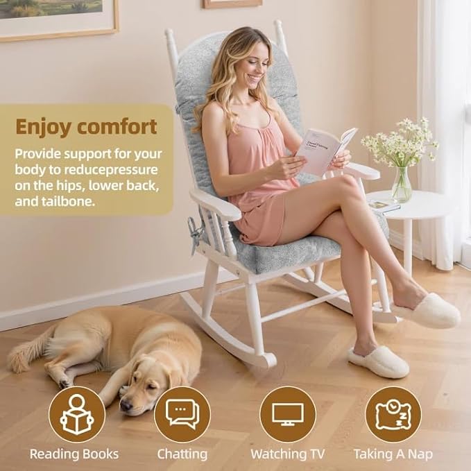 Rocking Chair Cushion - Lola Cotton-Linen Fabric, High-Density Sponge, Durable Comfort Non-Slip Bottom Tufted Seat Pads with Ties, Lola︱Ash Gray, 44x19x4 inch