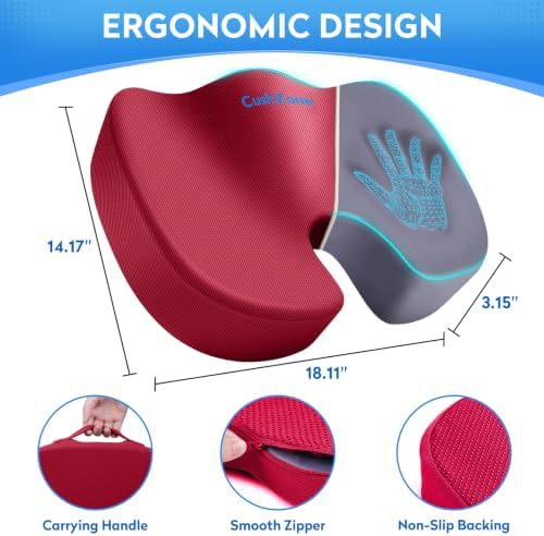 CushZone Memory Foam Seat Cushion for Office Hair, Car & Wheelchair, Red
