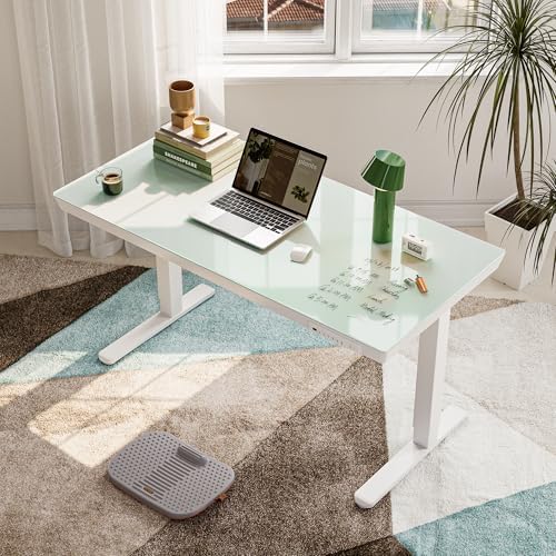 FEZIBO 48 Inch One-Piece Standing Desk with Glass Top and Drawer, White