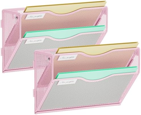 Marbrasse Wall File Holder 2-Tier Hanging Wall File Organizer, Mesh Mail Holder for Papers, Wall Mount File Clipboard & Magazine Organizer Great for Office Home - 2P(Pink)
