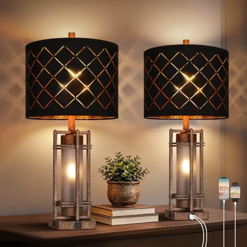 WIHTU Vintage Finish Table Lamp Set of 2 with USB Ports, Metal Desk Lamps