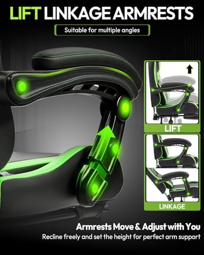Dowinx Ergonomic Gaming Chair with Footrest & Massage Lumbar, 2D-Linkage Armrests for Computer Chair 330lbs with Headrest Pillow for Office, Home, Streaming and Long Gaming Sessions, Green