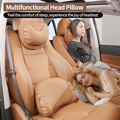 Car Neck Pillow [No More Pressure] Soft Comfortable Premium Leather Headrest with Adjustable Strap – Ergonomic Support for Driving, Office & Gaming, Palomino Brown, 2 Pack