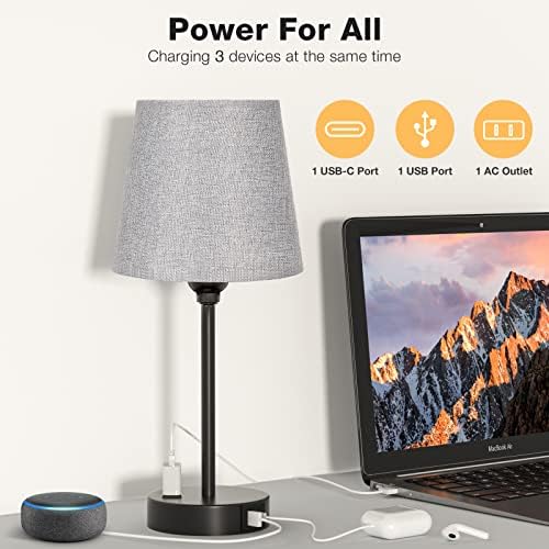 Grey Bedside Lamps Set 2 for Bedroom - Dimmable Touch, USB C+A, AC Outlet