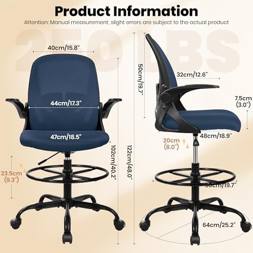 Primy Drafting Chair Tall Office Chair with Flip-up Armrests Executive Ergonomic Computer Standing Desk Chair with Lumbar Support and Adjustable Footrest Ring (Navy)