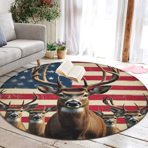 Women's Large Home Decor Mat, Soft Round Yoga Carpet, Non Slip Machine Washable Home Office Circle Rug American Flag Deers