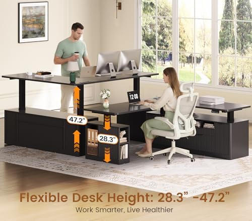 SEDETA Fluted L Shaped Executive Electric Standing Desk with 4 Drawers