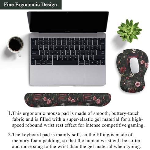 Gothic Skull Rose Ergonomic Mouse Pad with Wrist Rest & Keyboard Wrist Support Set - Non-Slip Gaming Office Desk Mat, Comfortable Memory Foam Cushion for Computer/Laptop Users, Home Office Workers