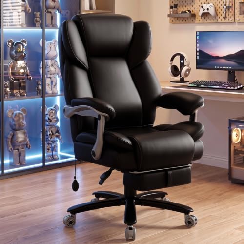 600lbs Big and Tall Office Chair for Heavy People,Heavy Duty Comfy Executive Office Desk Chair with Adjustable Lumbar Support,High Back Reclining PU Leather Computer Chair,Metal Base (Reclining Black)