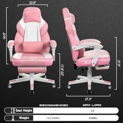 Gaming Chair for Adults, Video Game Chair with Footrest, Big and Tall Gaming Chair Heavy Duty Computer Chair with Massage Lumbar, Ergonomic Adjustable Height and 360° Swivel Seat, PU Leather, Pink