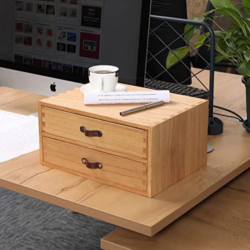 DDYURI Wooden Desk Organizer with 2 Drawers - Desktop Storage Drawers for Office Supplies File Paper Storage - Wood Chest/Small Cabinets for Jewelry Dresser Kitchen Counter (FAX2C-LT）