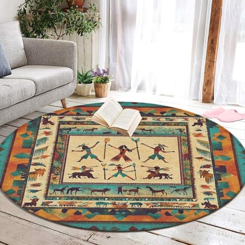 Machine Washable Modern Round Area Rug, Room Sofa Yoga Soft Round Carpet, Home Decor Non Slip Kitchen Office Circle Rug Southwestern Native American Indian, 60inch