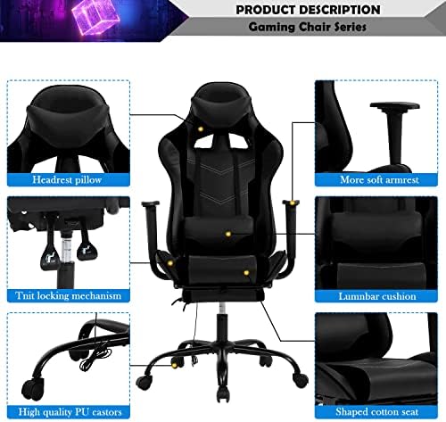 Black Massage Gaming Chair with Footrest, PU Leather Gaming Chairs for Adults, High Back Office Chair Ergonomic Desk Chair Computer Chair, Reclining Gamer Chair, Height & Backrest Adjustable, 300 Lbs