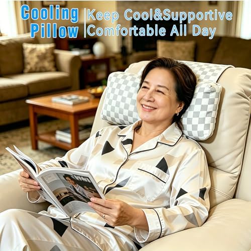Cooling Neck Pillow for Recliner, Breathable Adjustable Non-Slip Headrest Cushion, Neck Pain Relief Support Pillow for Sofa, Couch, Armchair, Ideal for Hot & Sweaty Sleepers (Cool-Checkerboard )