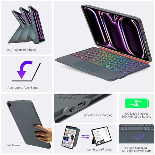 iPad Pro 13 inch Case with Keyboard (M5 2025, M4 2024), Flex Magnetic Detachable Backlit Keyboard Case, Larger Multi-Trackpad, Landscape/Portrait, 160° Adjustable Stand, Slim Protective Case (Gray)
