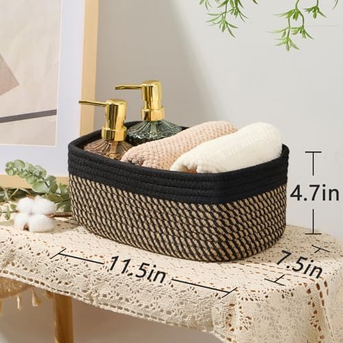 MiniArk Small Storage Baskets for Organizing | Closet Organizer Bins | Shelf Toy Basket | Woven Rope Baskets | Cube Decorative Box | Shallow Basket | 11.5x7.5x4.7” | 4 Packs Black Brown