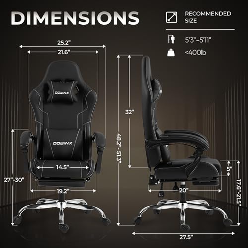 Dowinx Gaming Chair with Footrest, 330lbs Computer Chair 2D Lift Linkage Armrest, Massage Lumbar, Height Adjustable Ergonomic Comfy Video Game Chairs for Home Office Streaming, Long Gaming, Black