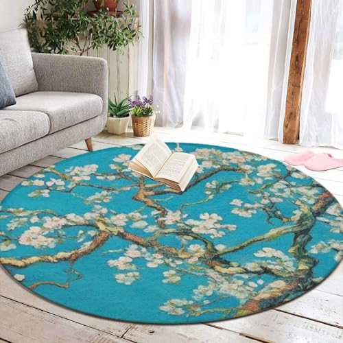 Room Sofa Yoga Soft Round Carpet, Home Decor Non Slip Kitchen Office Circle Rug, Machine Washable Modern Round Area Rug Beautiful Apricot Flower Blossom Art, 36inch