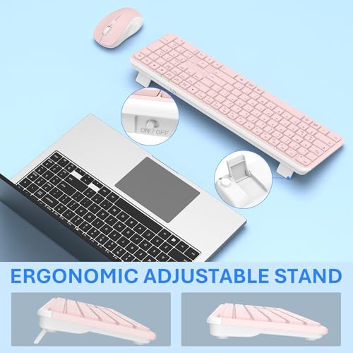 Wireless Keyboard and Mouse Combo, Full-Size Silent Ergonomic Keyboard and Mouse, Sleep Mode, Long Battery Life, 2.4G Lag-Free Cordless Mice Keyboard Set for Computer, Laptop, PC, Mac, Windows (Pink)