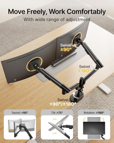 monTEK USB Stacked Dual Monitor Arm for 17-40" Screens, 24.3 lbs Each