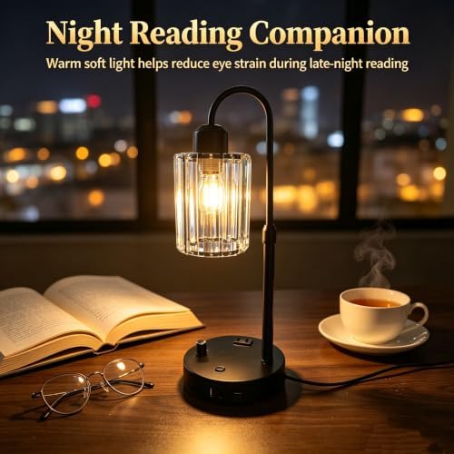 Black Crystal Table Lamp, Adjustable Height Stepless Dimmable Desk Lamp with USB Charging Port & AC Power Outlet, Metal Base Bedside Lamp for Bedroom Office Living Room