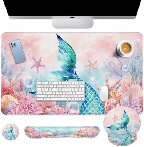 Britimes Keyboard Mouse Pad Set, 4 in 1 Desk Mat Set, Mermaid Pink Cute