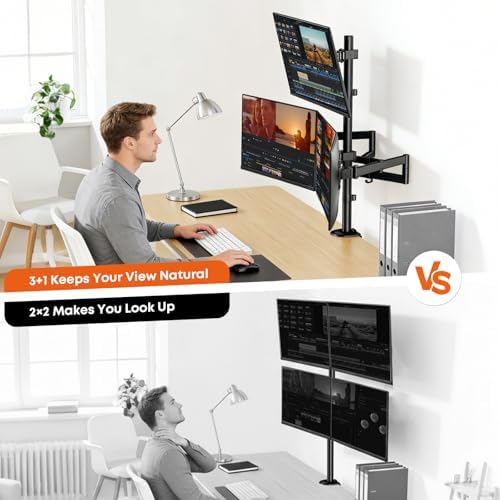 Quad Monitor Mount for 17-27 Inches - Fully Adjustable Heavy Duty 4 Monitor Arm Desk Mount, Max Load 22lbs per Screen, Clamp/Grommet, VESA 75/100 mm, Black
