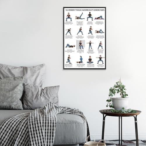 16 Inner Thigh Workout Exercise Poster, Bodyweight Adductor Training Chart Featuring Illustrated Home Fitness Moves for Beginner & Intermediate Leg Toning, Gym & Home Workout Reference Guide with Rep Count Instruction(20x30inchs，Black Framed)