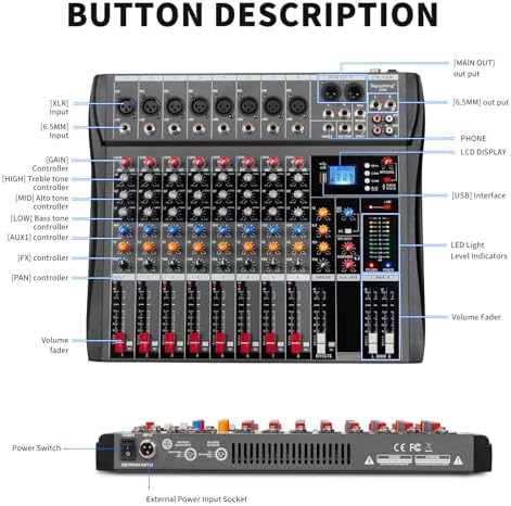 Depusheng Audio Mixer Professional 8 channel,DX8 Sound Board DJ Mixing Console System Interface USB MP3 Input Bluetooth 48V Phantom Power,Black, USB Audio Mixer for PC,for Studio Karaoke Live Music