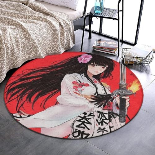 Machine Washable Modern Round Area Rug, Room Sofa Yoga Soft Round Carpet, Home Decor Non Slip Kitchen Office Circle Rug Japanese Samurai Anime Girl Art, 36inch
