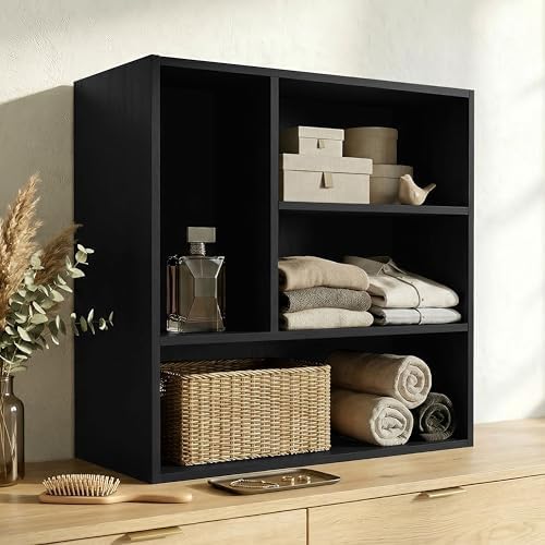 Homes: Inside + Out Apexa 4-Vertical Storage Organizer Shelves, Stackable Wood Bookcase for Organization, Dorm Teen Room Decor & Home Office, Black