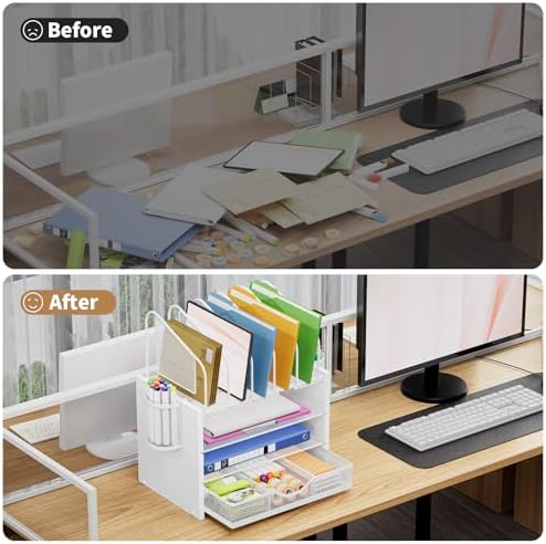 Marbrasse Desk Organizer with Drawer, 4-Tier Wooden File Organizer with 5 Vertical File Holders and 2 Pen Holders, Desk Organizers and Accessories for Home Office - White