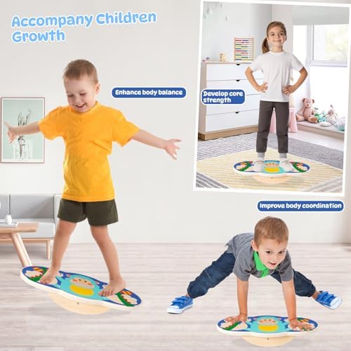 Balance Board for Kids, Wooden Wobble Rocker Board for Children, Capable of Bearing 123LB, Durable for Balance Training, Core Strength and Active Play, Bright Blue Monkey Pattern
