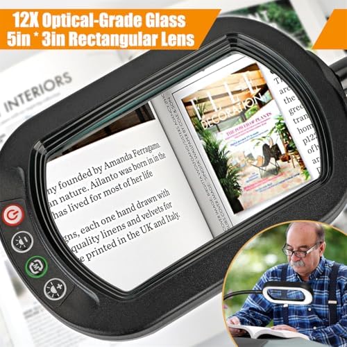 Veemagni 12X Rectangle Magnifying Glass with Light and Stand, Flexible Gooseneck LED Lighted Desk Lamp, 5 Color Modes Stepless Dimmable, Hands Free Magnifier for Reading Crafts Painting Close Work