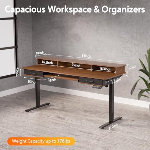 WALKINGDESK 63 Inches Electric Standing Desk with Keyboard Tray, Height Adjustable Sit to Stand Table with 2 Drawers, Ergonomic Home Office Desk with Storage Shelf, Computer Table, Black Walnut