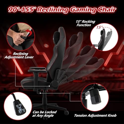 GIANTEX Gaming Chair, Video Game Chair with Magnetic Headrest & Lumbar Support, Ergonomic Computer Chair w/Rocking Function & 2D Armrests, Height Adjustable Swivel Task Chair, Black