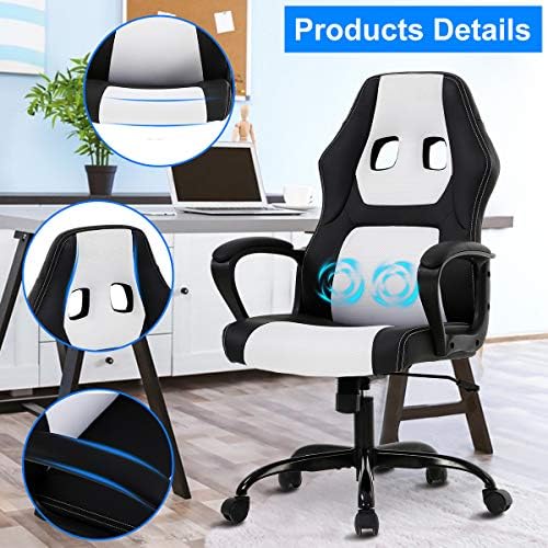 Gaming Chair Computer Chair Office Chair Ergonomic High Back Massage PC Desk Chair with Lumbar Support & Padded Armrest Racing Style Cheap Adjustable Swivel Chair for Women Men Adult, White