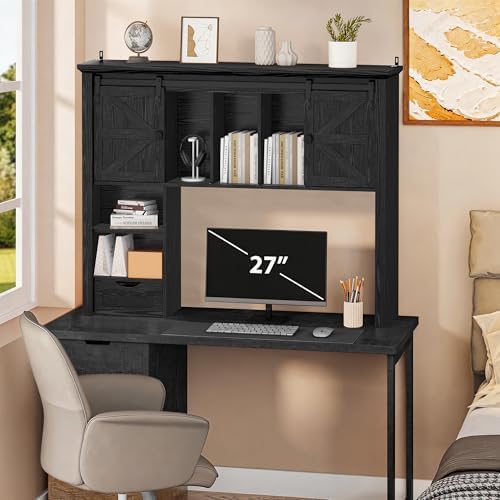 Large Desktop Bookshelf, 47.2" Desk Shelf with Sliding Barn Door