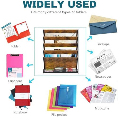PAG-Mass Wall File Organizer for Office, 6-Tier Rustic Hanging File Holder Wall Storage Rack for Documents/Magazine/Literature/File Folders/Mails/Envelopes, Brown